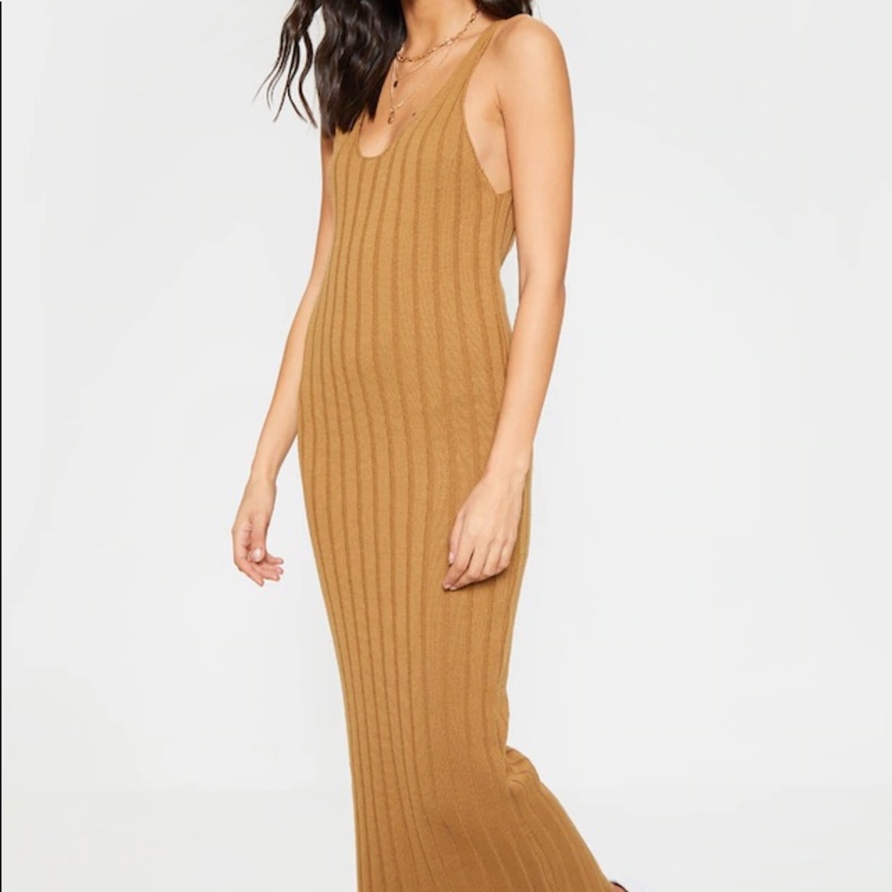Camel Ribbed Knitted Maxi Dress